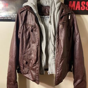 faux leather jacket. grey zip in jacket on the inside, it’s optional